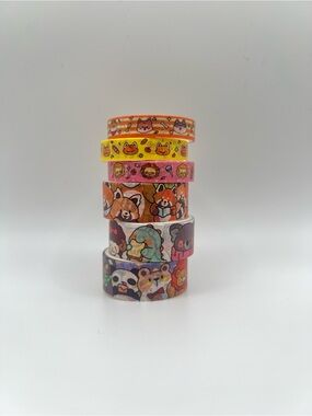 Six Cute Animal Pattern Washi Tape Stack Set 4- Orange, Yellow, Pink, Multicolor
